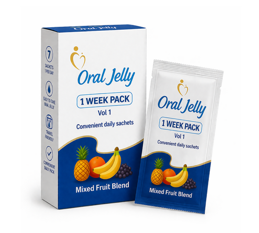 Oral Jelly 1 week pack for mixed fruit blend with packaging and sachet on a white background